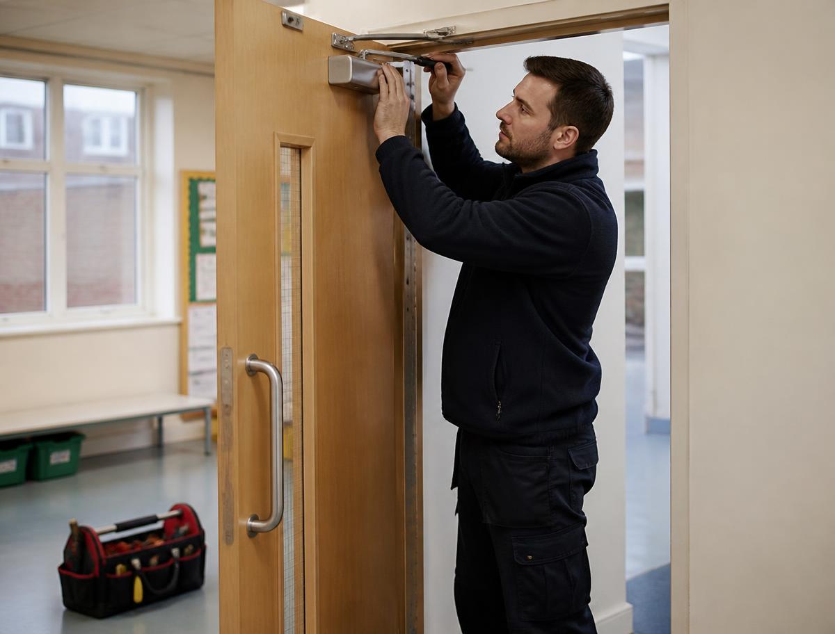 Multi-trade team carrying out building maintenance on a commercial site